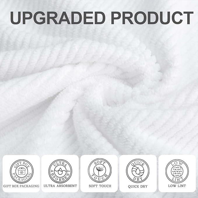 VOOVA & MOVAS White Towels for Bathroom, 100% Cotton | Quick Dry | Soft | Thick, 3 Piece Towel Set, 1 Large Bath 30" x 56", 1 Hand 18" x 28", 1 Wash Cloth 13" x 13", Bathroom Essentials