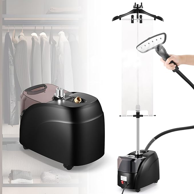 CGOLDENWALL Commercial Standing Garment Steamer for Clothes 1500w Continuous 70 mins Powerful Steam, 30s Fast Heat-up, Includes Fabric brush, Ironing pad, Gloves,Trouser Clips