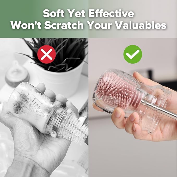 haakaa Cleaning Brush Silicone Bottle Brush Double-Ended Soft Silicone Bristles for Breast Pumps, Breast Milk Collectors, Baby Bottles, Teats, Breastmilk Storage Bags, Pink -1pk