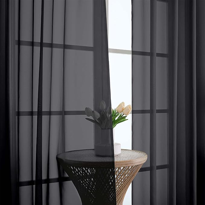 Chyhomenyc Black Sheer Curtains 96 Inches Long 2 Panels, Light Filtering Black Curtains for Living Room, Soft Gentle Voile Rod Pocket Bedroom Window Drapes, 59Wx96L Inch, 2PCS