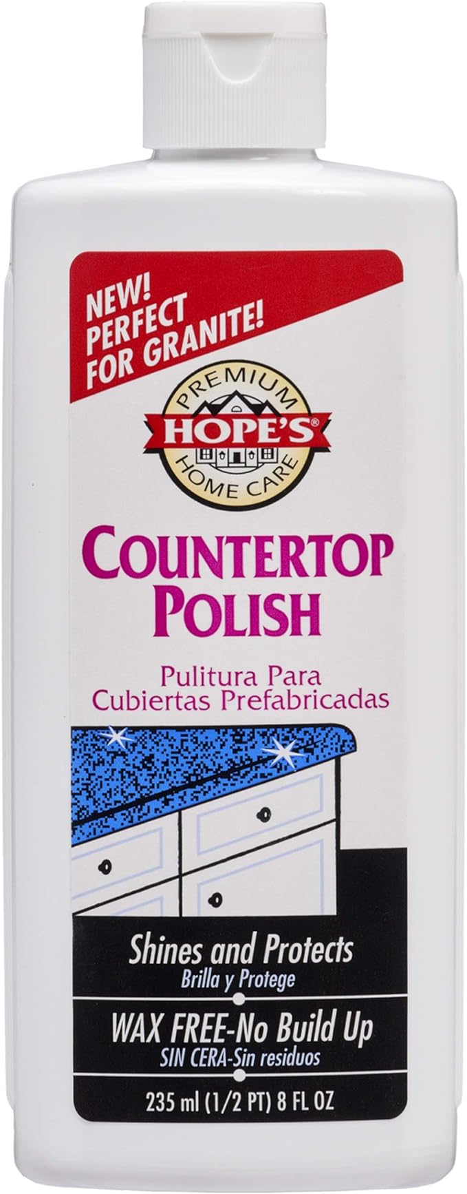 HOPE'S Countertop Restoration Polish - Shines and Protects with No Build-Up - Streak-Free Kitchen Counter Cleaner - Quartz, Marble, Corian, Laminate, Granite Countertop Cleaner, 8 Fl Oz, Pack of 1