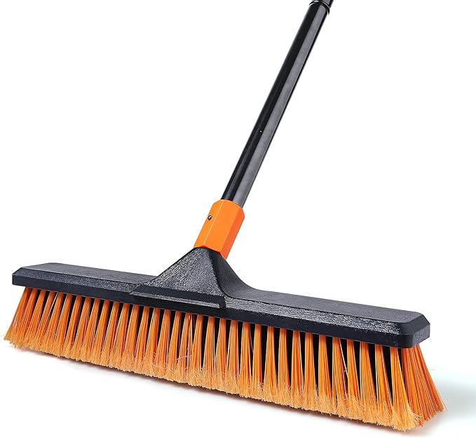 18" Push Broom Outdoor for Floor Cleaning with Extendable Long Handle, Stiff Bristle Heavy Duty Broom for Bathroom, Kitchen, Tub, Tile, Patio, Deck, Concrete, Industrial