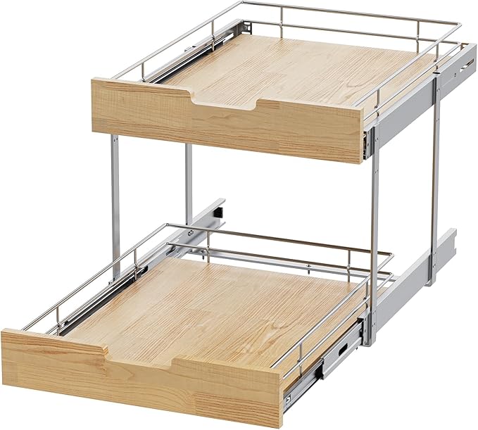 Pull Out Cabinet Organizer,Heavy-Duty Slide Out Shelf, Wood and Wire Basket, Pull Out Drawer for for Kitchen Under Sink Space, Pantry, Bathroom, 2 Tie 11 * 21 in