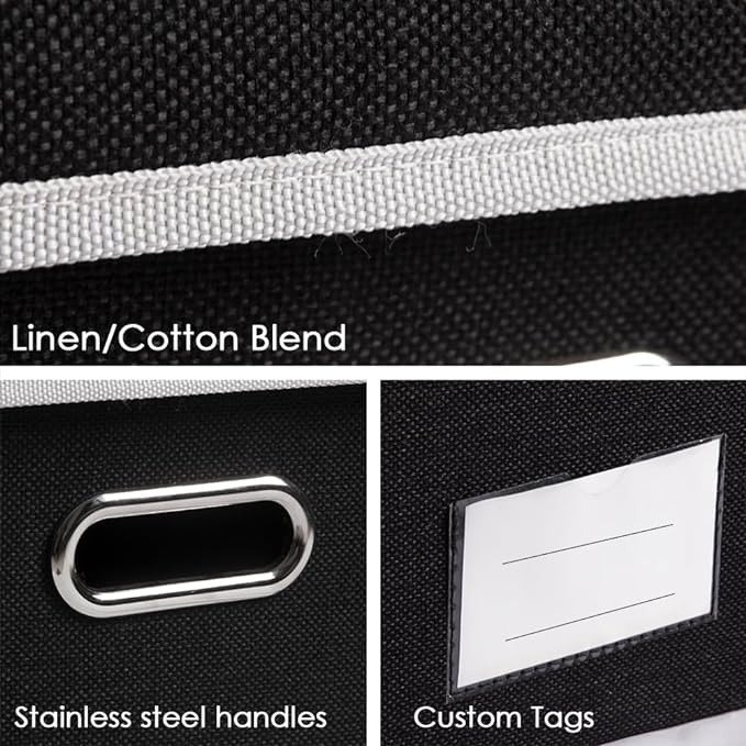 PRANDOM Storage Boxes with Lids [3-Pack] Fabric Collapsible Storage Bins Organizer Containers Baskets Cube with Cover for Home Bedroom Closet Office Nursery Black（11.4X8.6X6.7