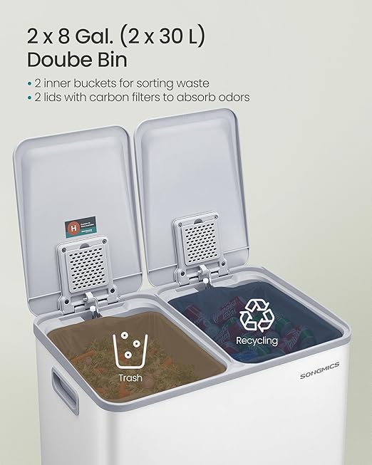 SONGMICS Trash Can, 2 x 8 Gallon (2 x 30 L) Dual-Compartment Garbage Can with Soft-Close Lid, Pedal and Inner Buckets, Stainless Steel, Includes 15 Liner Bags, Matte White ULTB741W01