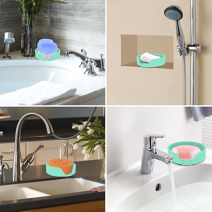 Self Draining Soap Dish, Silicone Suction Cup Soap Holder Tray Savers Container Sponge Holder for Bar Bathroom Shower Kitchen Sink, Can Extend Soap Life (2, Cyan)