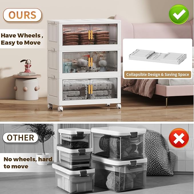 62 Gal Stackable Plastic Storage Bins with Lids 3 Tier, Collapsible Closet Organizers and Storage with Wheels for Living Room,Office,Dorm 26.8" W x 14.4" D x 37" H