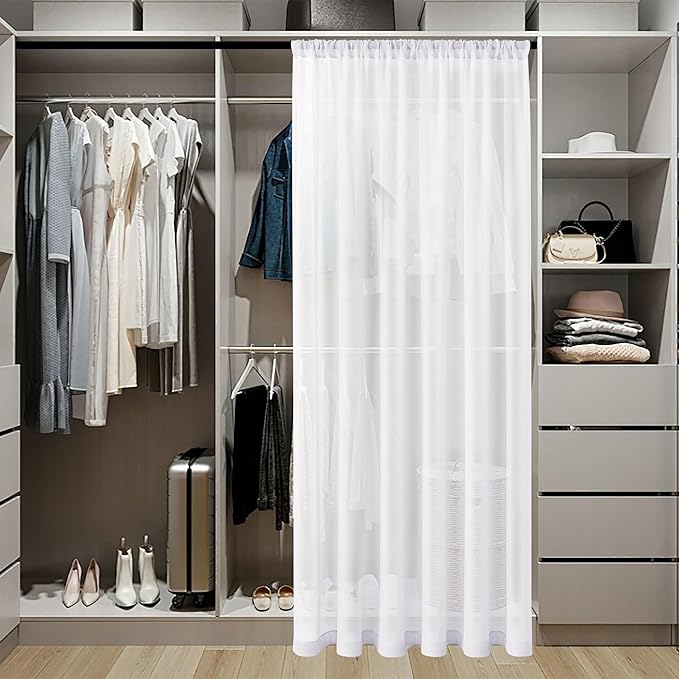 Tollpiz Short Sheer Door Curtains Closet Linen Textured Curtains Sheer Doorway Light Filtering Voile Patio Glass Door Rod Pocket Curtain French Door, 54 x 40 inches Long, White, Set of 1 Panel