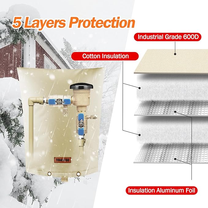 Backflow Preventer Pipe Insulation Cover (5°F) - Irrigation Sprinkler Valve Insulated Pouch - Water Well Pump Cover - Sturdy 5 Layers for Winter Freeze Protection, 10" W x 14" H, Beige