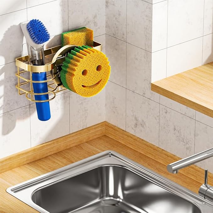 Cisily Gold Smiley Sponge Holder for Kitchen Sink Caddy, Stainless Steel Movable Brush Holder Dish Cloth Hanger, Suction Cup Sink Organizer Scrubbe