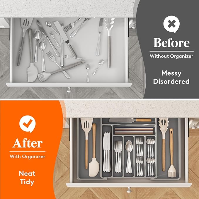 Lifewit Silverware Drawer Organizer, Expandable Utensil Organizer for Kitchen Drawers, Adjustable Cutlery and Flatware Tray, Plastic Spoons Forks Knives Holder Storage Dividers, Large, Gray