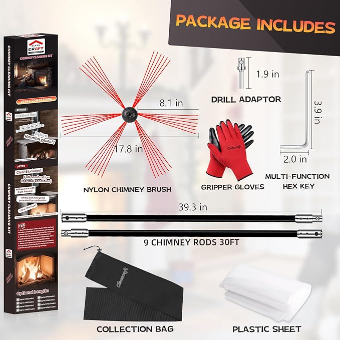 30 Feet Chimney Sweep Kit, Chimney Cleaning Kit with 9 Flexible Black Chimney Rods, Chimney Brush for Sweeping Fireplace, Rotary Chimney Cleaning System Driven by Drill