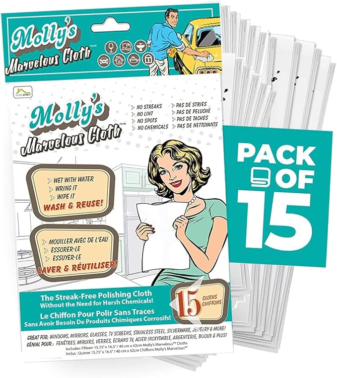 Molly's Marvelous Cloth, Streak-Free, Lint-Free Microfiber Cleaning Cloth, Polishing Cloth for Glass, Stainless Steel, Use for Kitchen, Bath, Cars, Detailing, Reusable (15.75" by 16") (15pk, White)