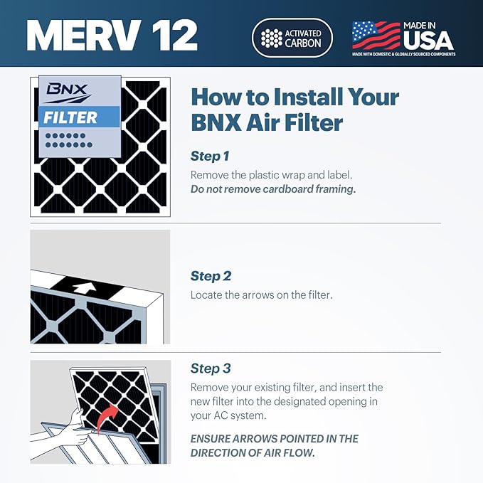 BNX TruFilter 20x22x1 MERV 12 Odor Defense (4-Pack) AC Furnace Air Filter with Activated Carbon - MADE IN USA - Pleated Air Conditioner HVAC AC Furnace Filters - Removes Odor, Mold, Bacteria, Smoke