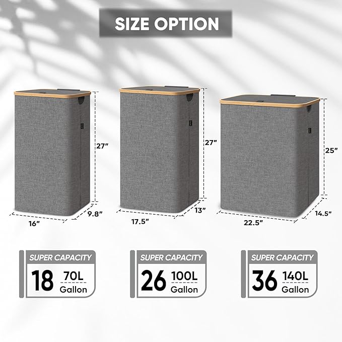 BALEINE Laundry Hamper with Lid, Tall Laundry Baskets with Bamboo Pull Handles, Large Laundry Bin with Internal Support (26 Gal/100L, Green)