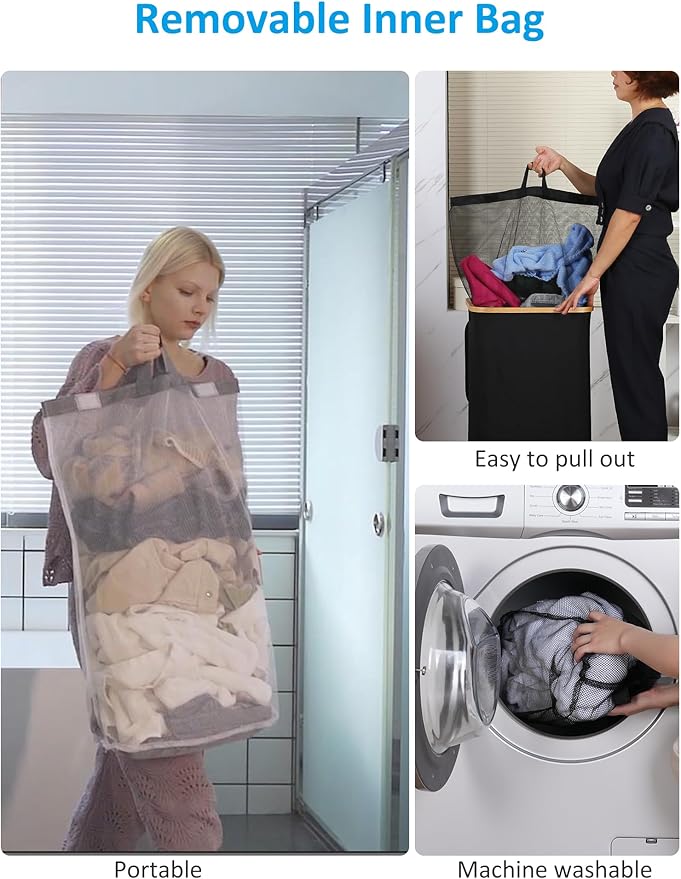 efluky Laundry Basket with Wheels, Tall Rolling Laundry Hamper with Lid and Removable Bag, Aesthetic Dirty Clothes Hamper on Wheels for Laundry Room, Bedroom, Dorm and Bathroom, 100L Black