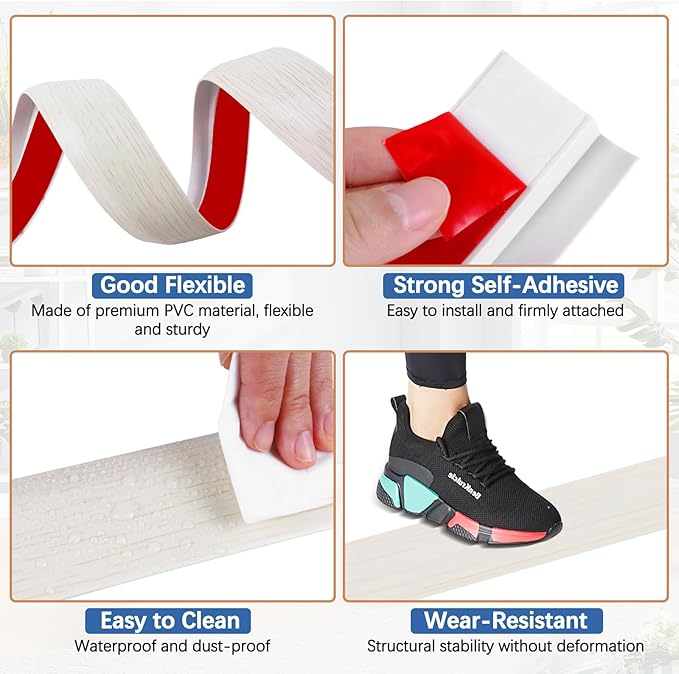 Vinyl Door Threshold Flooring Transition Strip Self Adhesive Carpet Edging Strip for Laminate Doorway Edge Threshold from 2/5" to 3/5" (Beige Wood Grain, 6.6 Ft)