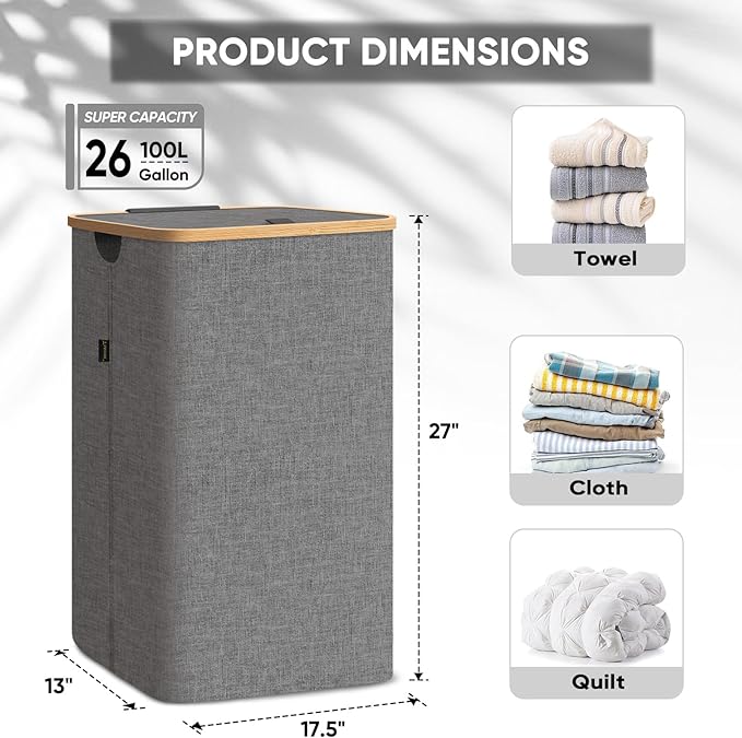 BALEINE Laundry Hamper with Lid, Tall Laundry Baskets with Bamboo Pull Handles, Large Laundry Bin with Internal Support (26 Gal/100L, Black)
