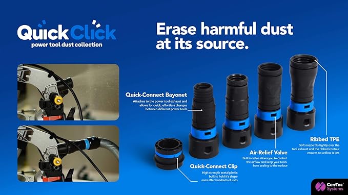 Cen-Tec Systems 94709 Quick Click 16 Ft. Hose for Home and Shop Vacuums with Expanded Multi-Brand Power Tool Adapter Set for Dust Collection