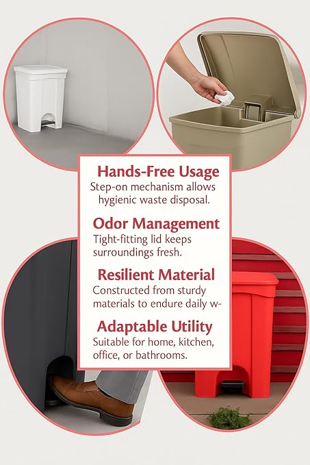 PRO&Family Step-On Trash Can with Lid, Plastic Waste Bin, Foot Pedal Operation (Red, 12 Gallon)