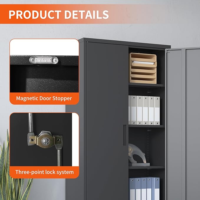 72'' Garage Storage Cabinet, Lockable Storage Cabinet with Adjustable Shelves, Steel Tool Cabinets for Home, Office, Garage, Require Assembly, Black
