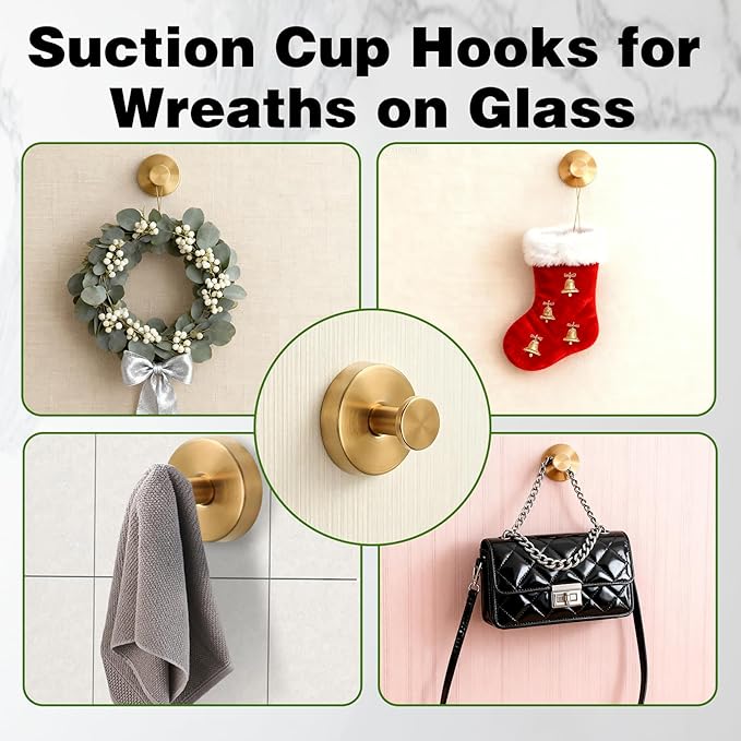 Suction Cup Hooks for Wreaths on Glass, 2025 New No Drill Suction Cup Hooks (2PCS-Gold)