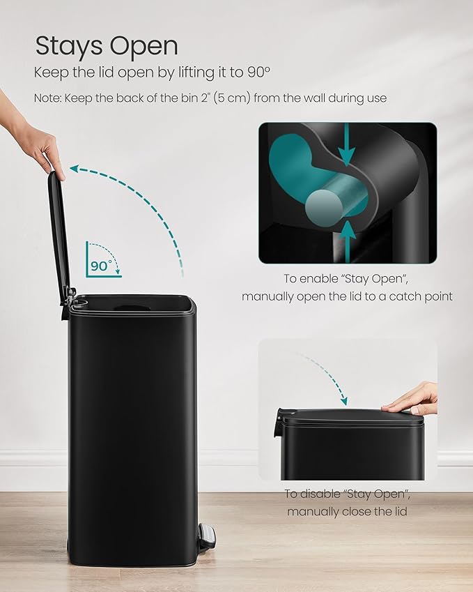 SONGMICS Kitchen Trash Can, 8-Gallon (30 L) Trash Bin, Stainless Steel Garbage Can, with Inner Bucket, Soft Close and Stays Open, Ink Black ULTB593B01