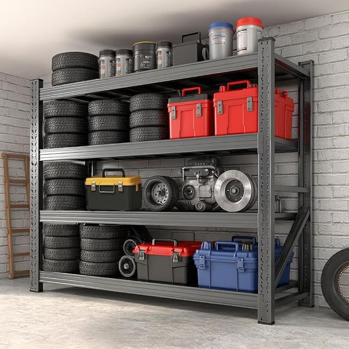 59" W Garage Shelving, Heavy Duty 4 Tier Metal Storage Shelves, Adjustable Industrial Shelving Unit for Garage, Warehouse, Workshop