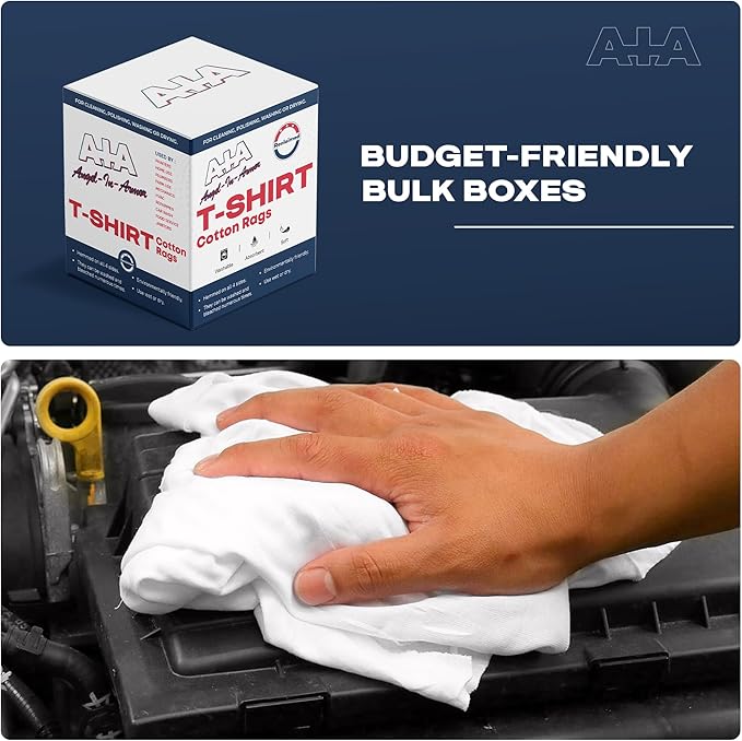 Angel-in-Armor White T-Shirt Rags – 5lb Box of Recycled Cotton Knit Shop Rags – Low Lint Cleaning Cloths for Mechanics, Oil Changes, Industrial and Commercial Use
