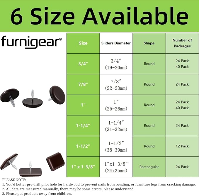1" Nail on Furniture Sliders (24 Pack) - Furnigear Heavy Duty PTFE (Teflon) Chair Sliders Glides Wooden Furniture Movers Move Your Furniture Easily & Safety - Best Chair Leg Floor Protectors Brown