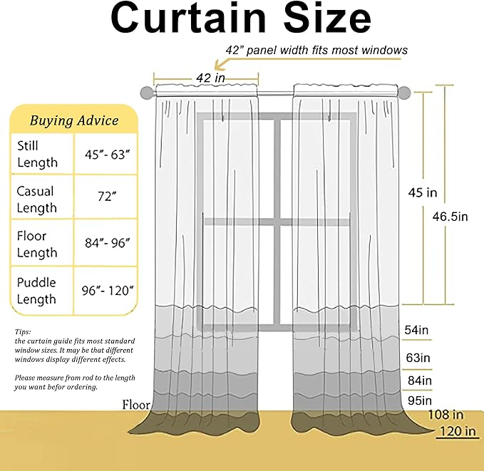 Chyhomenyc White Sheer Curtains 63 Inch Length 2 Panels Set, Light Filtering Rod Pocket Window Curtain Treatment Drapes for Bedroom Living Room, Each 42Wx63L, Set of 2, White