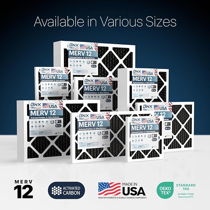 BNX TruFilter 16x24x1 MERV 12 Odor Defense (6-Pack) AC Furnace Air Filter with Activated Carbon - MADE IN USA - Pleated Air Conditioner HVAC AC Furnace Filters - Removes Odor, Mold, Bacteria, Smoke