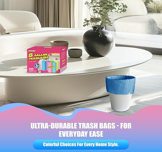 300 Count 8 Gallon Trash Bags - Heavy Duty Medium Garbage Bags 30 Liter Unscented 0.94 Mil Thick & Leakproof Wastebasket Liners for Kitchen Bathroom Home