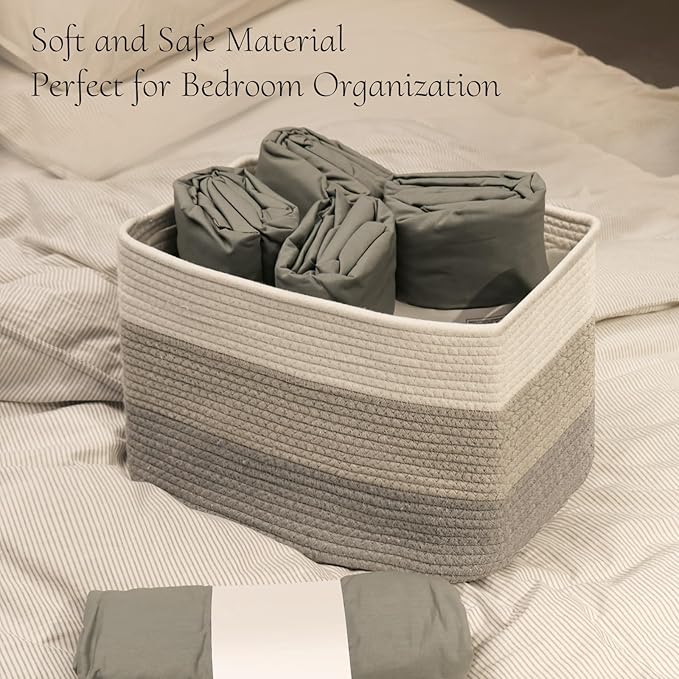 Hopegiver Woven Storage Baskets 15x11x10 Inch, 3 Pack Collapsible Cube Storage Bin for Shelves - Foldable Cotton Rope Organizer Bins for Towels, Toys, Books, Closet, Nursery (White Light-Gray Gray)