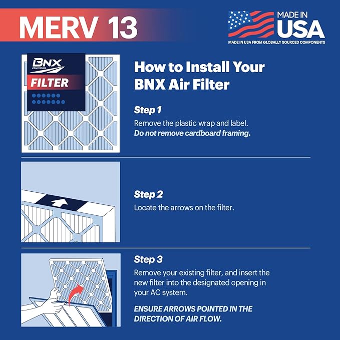 BNX TruFilter 12x20x1 Air Filter MERV 13 (6-Pack) - MADE IN USA - Electrostatic Pleated Air Conditioner HVAC AC Furnace Filters for Allergies, Pollen, Mold, Bacteria, Smoke, Allergen, MPR 1900 FPR 10