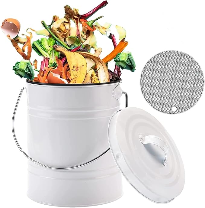 Compost Bin for Kitchen Counter, LALASTAR Small Metal Compost Bin Indoor Kitchen Sealed with Lid for Food Waste, Countertop Composter Container, White, 1 Gallon
