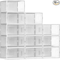 Secret Space 12 Pack X Large Shoe Organizer Storage Boxes for Closet, Modular Space Saving Shoe Boxes Clear Plastic Stackable Sneaker Containers Display Case with Lids, White
