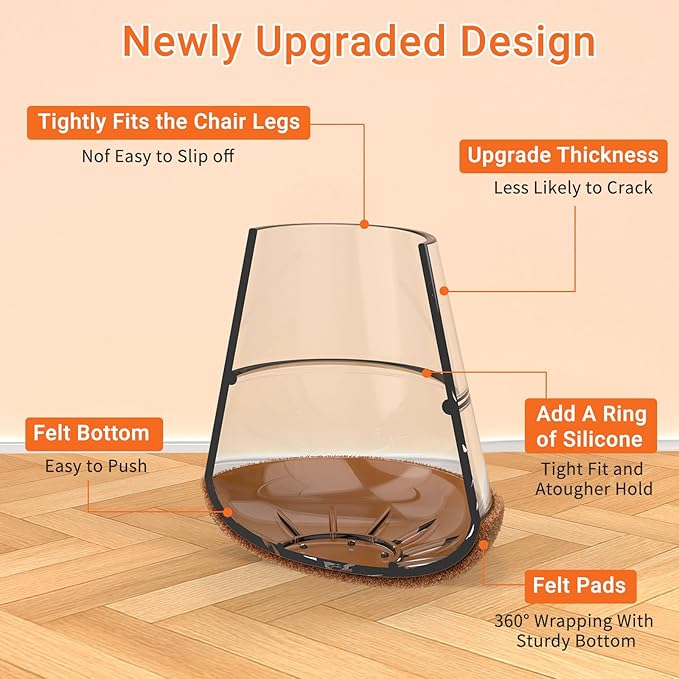 Chair Leg Floor Protectors Medium 24Pcs,Silicone Chair Leg Protectors for Hardwood Floors/Tiles,360°Wrapped Felt Bottom to Prevent Scratch and Reduce Noise, Round Clear