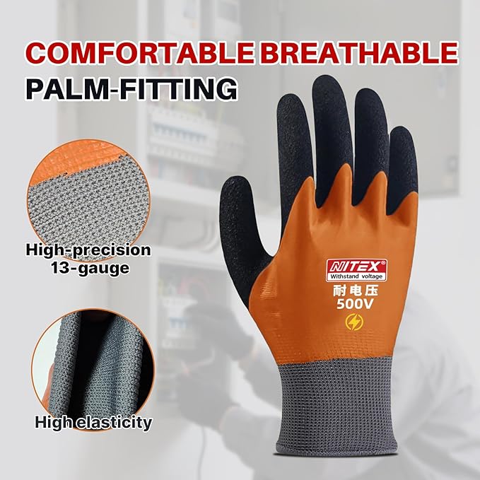 Electrical Insulated Gloves, 500V High Voltage Resistance Electrician Safety Gloves, Rubber Non Slip Work Gloves (500V|double insulated, Large)