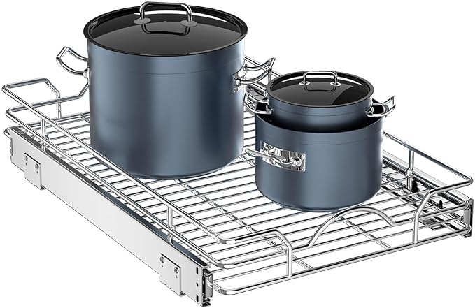 OCG Pull Out Cabinet Organizer (12" W x21 D), Pull out Shelves for Kitchen Cabinets, Slide Out Drawers for Base Cabinet Organization in Kitchen Bathroom Pantry, Bottom Mount, Chrome Finish