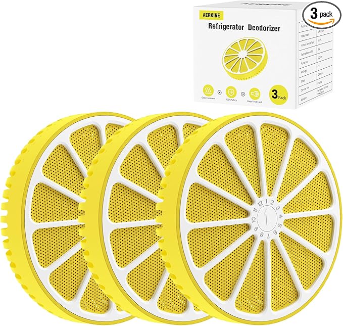 Refrigerator Deodorizer with AOP-KF Solid Alkali Technology, 2 Years Long-Lasting Fresh Odor Eliminator for Fridge, Kitchen, Apartment, Closet & Small Spaces, Lemon Design & Adjustable Clip (3 Packs)