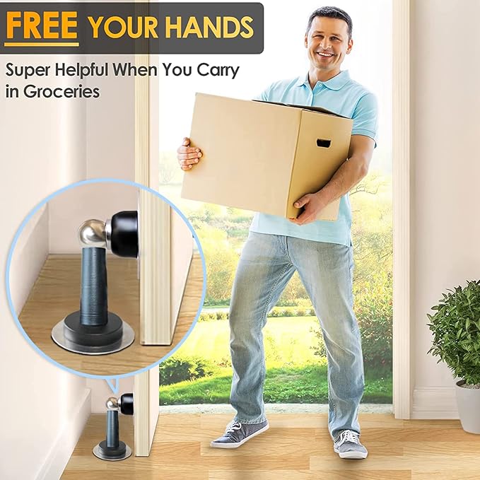 Shackcom Magnetic Door Stop 12 Pack Stainless Steel Door Holders to Keep Door Open Self-Adhesive Tape, Screws for Stronger Wall & Floor Mount for Bedroom Bathroom Kitchen Home Office(Black)