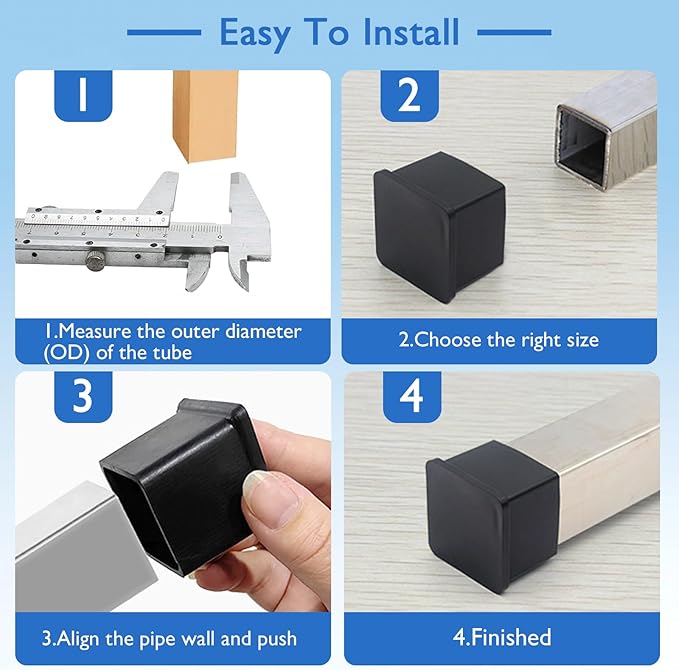 16 Pcs 1-1/2" x 1-1/2" Square Rubber Chair Leg Caps, PVC Table Leg Covers, Flexible & Anti-Slip Furniture Leg End Caps, Chair Leg Floor Protectors for Bar Stool Leg Patio Indoor, Black