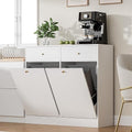 Double Tilt Out Trash Can Cabinet with 2 Drawers, Trash Storage Cabinet, Hidden Garbage Bin, Free Standing Laundry Sorter Organizer for Kitchen Dining Living Room, Bathroom, White