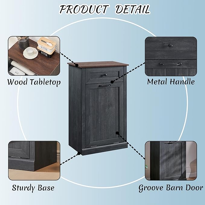Tilt Out Laundry Hamper Cabinet, 10 Gallon Farmhouse Trash Can Cabinet with Drawer, Hidden Wood Garbage Can Bin Cabinet with Laundry Storage Basket for Bathroom, Kitchen, Dark Grey