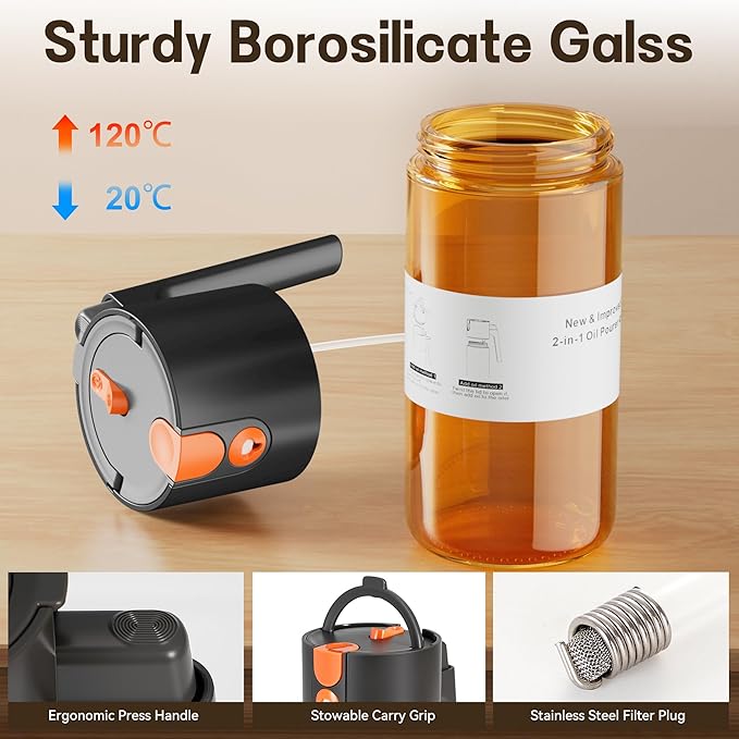 Upgrade 2 in 1 Oil Sprayer for Cooking, 17oz Light-Blocking Glass Olive Oil Dispenser Bottle for Kitchen,Food-Grade Oil Mister with 8 Stickers for Salad, Frying (Brown Bottle-Black Cap)