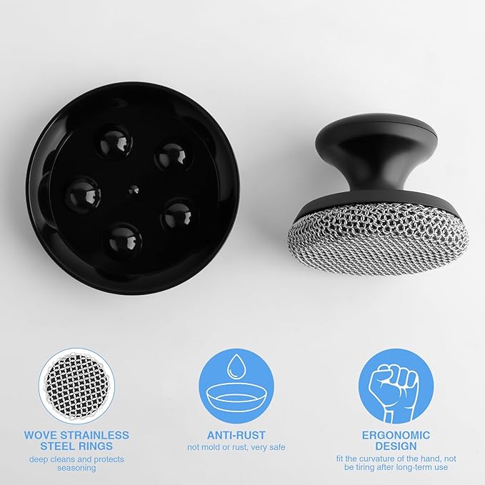 Cast Iron Scrubber Cleaner, Chainmail Scrubber for Cast Iron Pan Skillet, Dish Scouring Pad, Stainless Steel Brush/Scraper for Metal Skillet Scrubbing, Wok, Dutch Oven Cleaning Kit - Thin Mesh