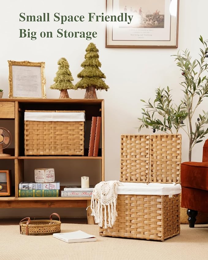 Storage Basket with Lid Woven Wicker Baskets with 2 Separate Lid, 9.2 Gallon (35 L) Wicker Storage Bins with Handles, Foldable and 2 Removable Liner Bags for Bedroom, Laundry Room Natural