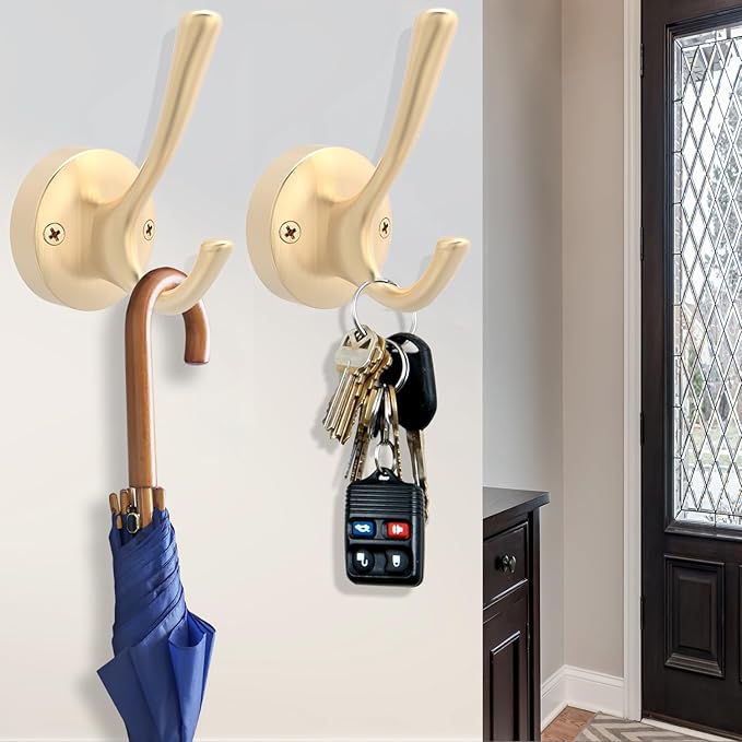 Gold Coat Hooks for Wall, 3 Pack Towel Hook Heavy Duty Metal Double Bath Robe Hook Wall Mount, Hat Hooks for Cubicle Bathroom Kitchen Closet Garage