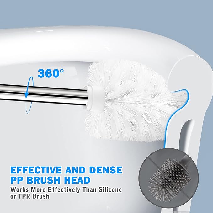 Toilet Brush and Holder, 2 Pack Toilet Brush with 304 Stainless Steel Long Handle, Toilet Bowl Brush for Bathroom Toilet-Ergonomic, Elegant,Durable (White)